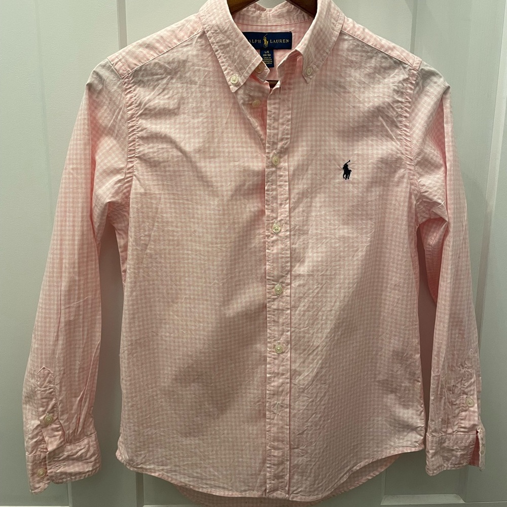 Boys L (14-16) Gingham Cotton Poplin Shirt pink/white